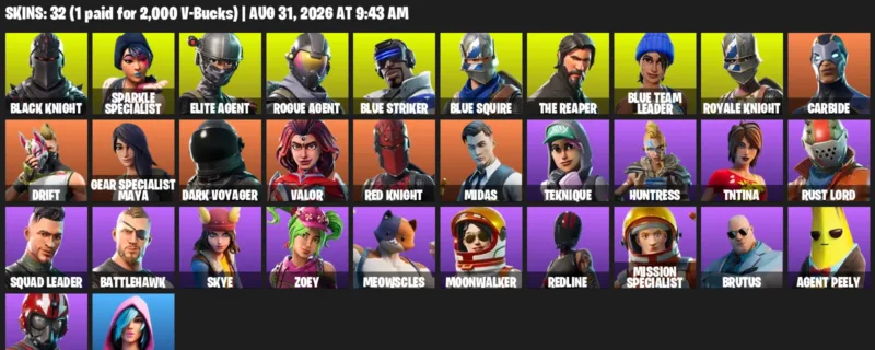 Fortnite account inventory for LVL 429 - Black Knight - Sparkle Specialist - 32 Outfits
