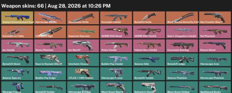 Valorant account inventory for LVL 128 · Xenohunter Knife & Byteshift Knife