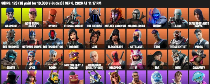 Fortnite account inventory for LVL 1615 - Warpaint - Rose Team Leader - 123 Outfits