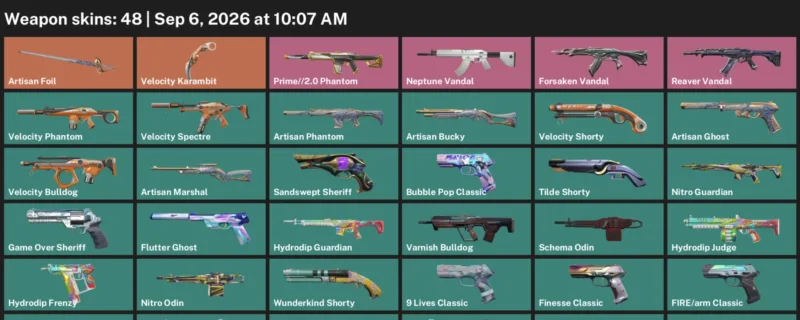 Valorant account inventory for LVL 276 · Velocity Karambit & Artisan Phantom