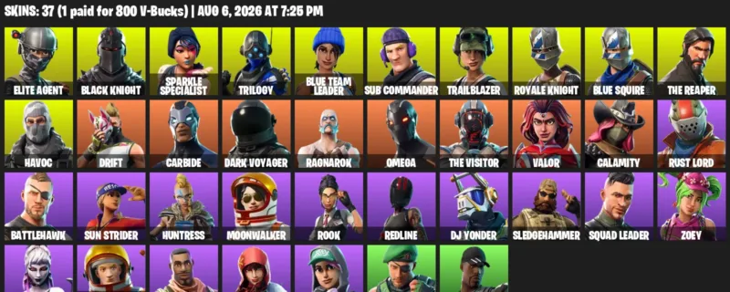 Fortnite account inventory for LVL 484 - Elite Agent - Black Knight - 37 Outfits