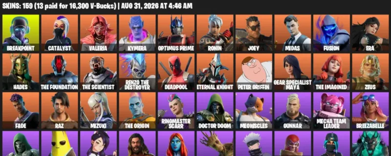 Fortnite account inventory for LVL 3660 - Breakpoint - Catalyst - 159 Outfits
