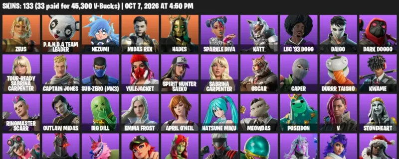 Fortnite account inventory for Zeus - P.A.N.D.A Team Leader - 120 Outfits