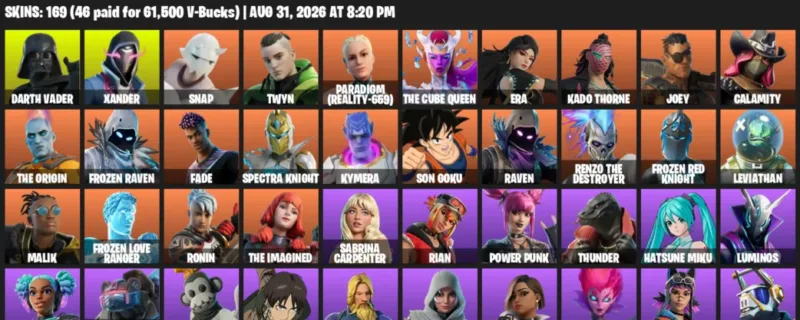 Fortnite account inventory for LVL 1618 - Darth Vader - Xander - 169 Outfits