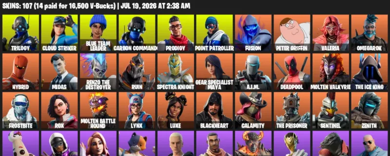 Fortnite Accounts listing: LVL 1480 - Trilogy - Cloud Striker - 107 Outfits - 107 outfits