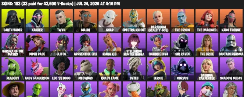 Fortnite Accounts listing: LVL 1636 - Darth Vader - Xander - 183 Outfits - 183 outfits