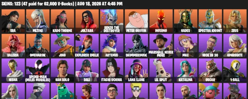 Fortnite account inventory for LVL 1683 - Era - Mizuki - 123 Outfits