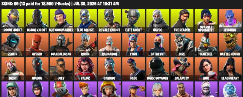 Fortnite Accounts listing: LVL 1217 - Rogue Agent - Black Knight - 95 Outfits - 95 outfits