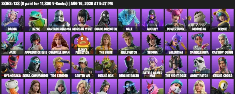 Fortnite account inventory for LVL 1025 - Dasha - Lizzik - 128 Outfits