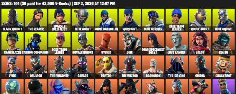 Fortnite account inventory for LVL 1002 - Black Knight - The Reaper - 101 Outfits