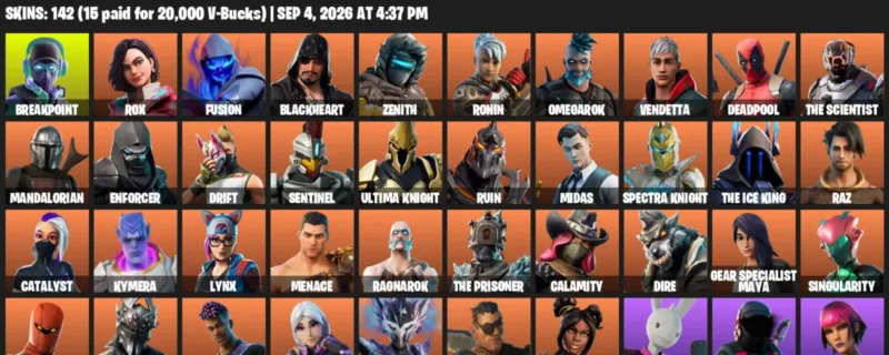 Fortnite account inventory for LVL 1802 - Breakpoint - Rox - 142 Outfits
