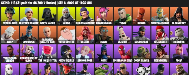 Fortnite account inventory for LVL 1128 - Trailblazer - Blizzard Bomber - 113 Outfits