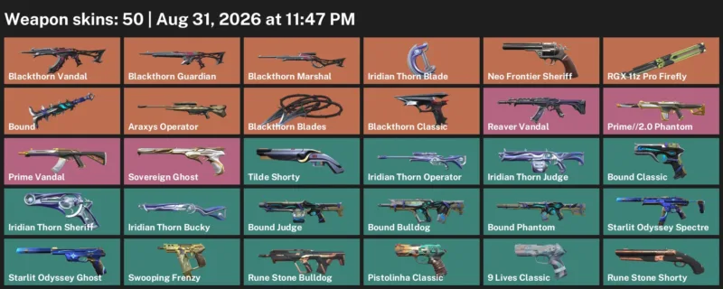 Valorant account inventory for LVL 247 · Araxys Operator & Iridian Thorn Blade