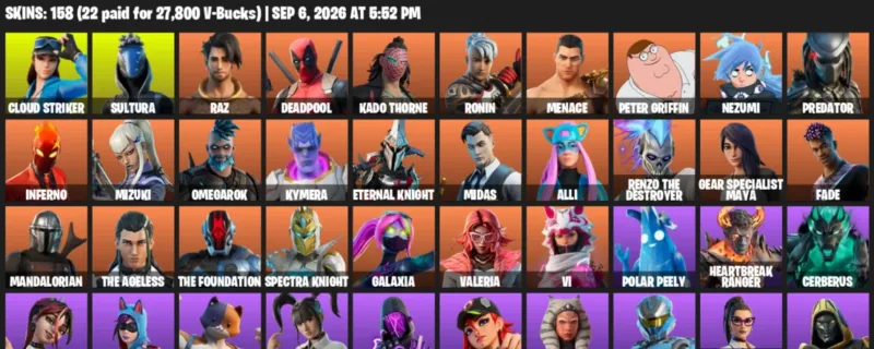 Fortnite account inventory for LVL 2811 - Cloud Striker - Sultura - 158 Outfits