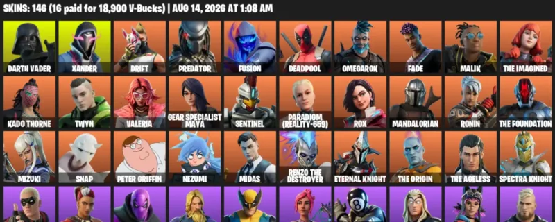 Fortnite account inventory for LVL 2392 - Darth Vader - Xander - 146 Outfits