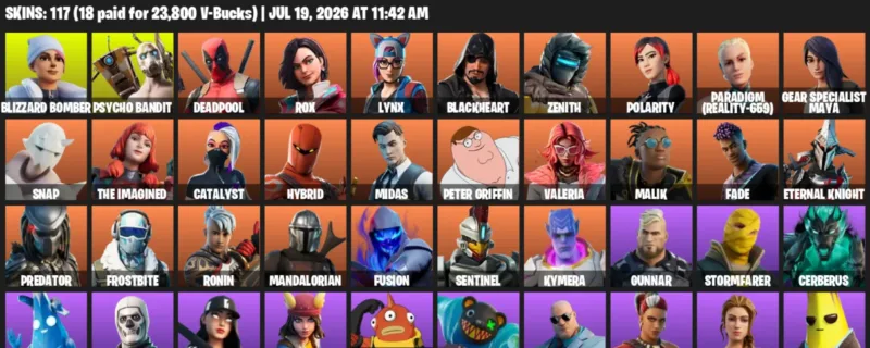 Fortnite Accounts listing: LVL 1660 - Blizzard Bomber - Psycho Bandit - 117 Outfits - 117 outfits