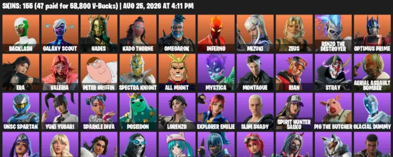Fortnite account inventory for LVL 2445 - Backlash - Galaxy Scout - 155 Outfits