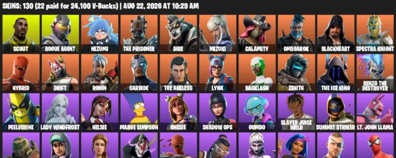 Fortnite account inventory for LVL 1572 - Scout - Rogue Agent - 130 Outfits