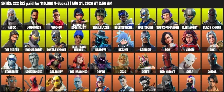 Fortnite account inventory for LVL 2283 - Havoc - John Wick - 222 Outfits