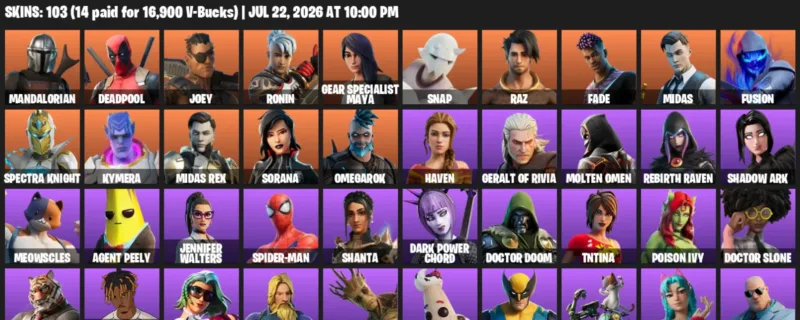 Fortnite Accounts listing: LVL 1235 - Mandalorian - Deadpool - 103 Outfits - 103 outfits