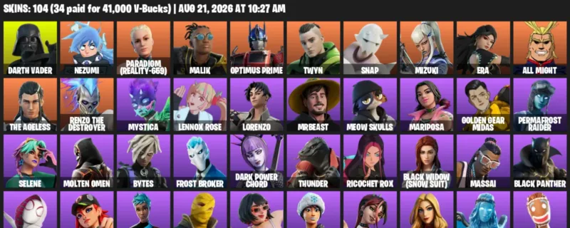 Fortnite account inventory for LVL 1170 - Darth Vader - Nezumi - 104 Outfits