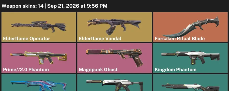 Valorant account inventory for LVL 28 · Forsaken Ritual Blade & Elderflame Operator