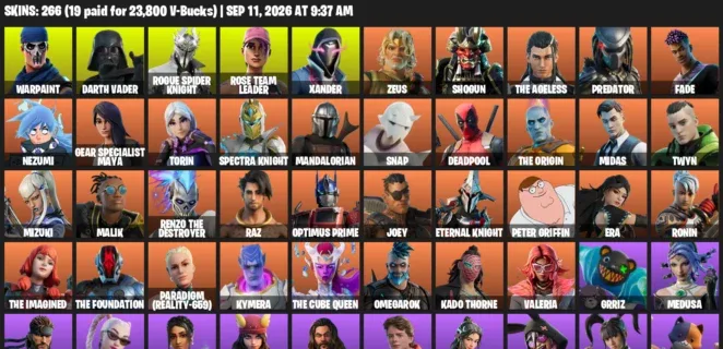 Fortnite account inventory for LVL 3427 - Warpaint - Darth Vader - 266 Outfits