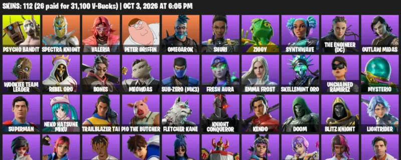 Fortnite account inventory for Psycho Bandit - Spectra Knight - 112 Outfits