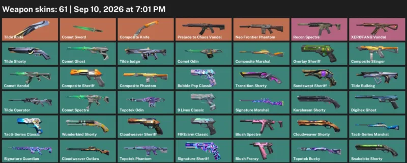 Valorant account inventory for LVL 225 · Tilde Knife & Composite Knife