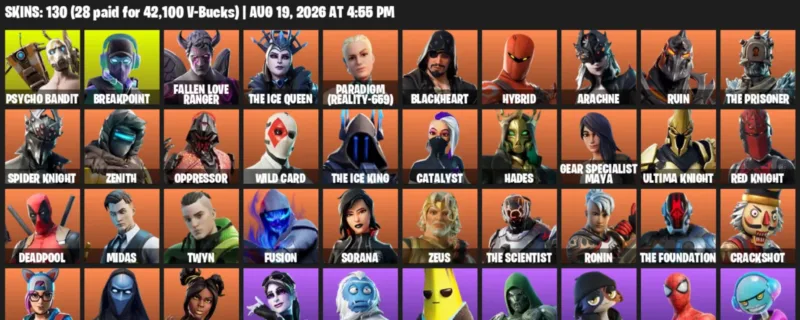 Fortnite account inventory for LVL 3017 - Psycho Bandit - Breakpoint - 130 Outfits