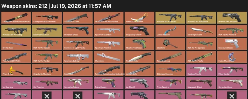 Valorant Accounts listing: LVL 236 · Champions 2022 Butterfly Knife & Iridian Thorn Blade · 212 Skins - Immortal 1, 212 skins