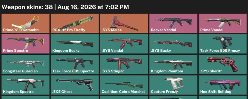 Valorant account inventory for LVL 52 · 2.0 Karambit & Sys Vandal