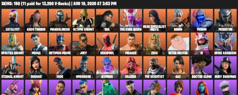 Fortnite account inventory for LVL 2792 - Catalyst - Kado Thorne - 150 Outfits