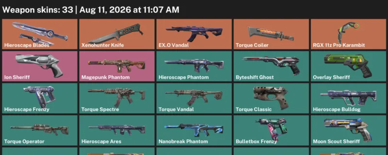 Valorant account inventory for LVL 156 · RGX 11z Pro Karambit & Xenohunter Knife