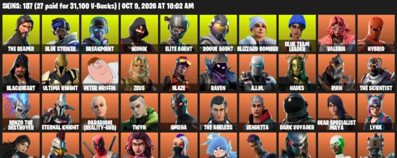Fortnite account inventory for The Reaper - Blue Striker - 120 Outfits