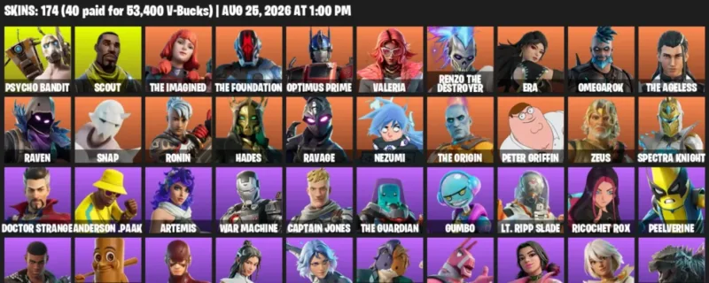 Fortnite account inventory for LVL 2146 - Psycho Bandit - Scout - 174 Outfits