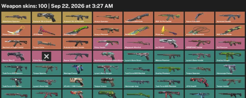 Valorant account inventory for LVL 185 · Reaver Karambit & RGX 11z Pro Blade
