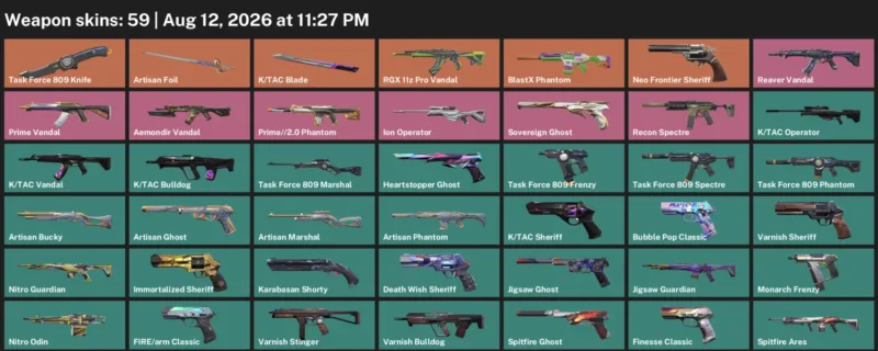 Valorant account inventory for LVL 224 · Tac Blade & Task Force 809 Knife & Aemondir Vandal
