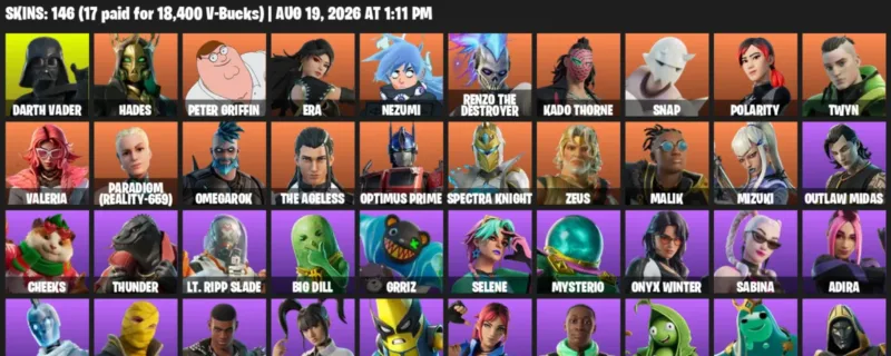 Fortnite account inventory for LVL 4699 - Darth Vader - Hades - 146 Outfits