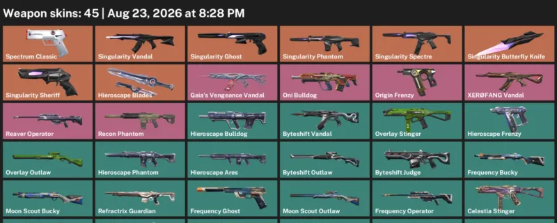 Valorant account inventory for LVL 68 · Singularity Butterfly Knife & Byteshift Vandal
