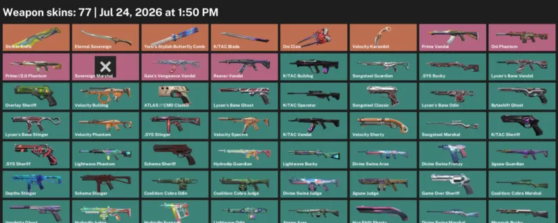 Valorant Accounts listing: LVL 184 · K/TAC Blade & Striker Knife · 77 Skins - Platinum 1, 77 skins