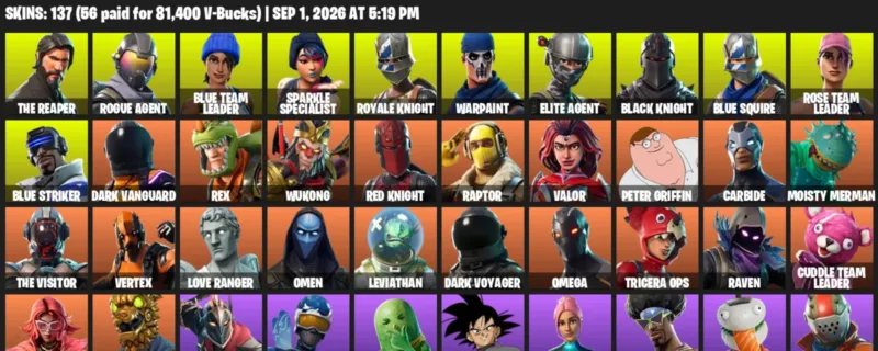 Fortnite account inventory for LVL 1742 - The Reaper - Rogue Agent - 137 Outfits