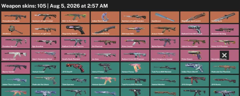 Valorant account inventory for LVL 141 · Venturi Knife & Task Force 809 Knife