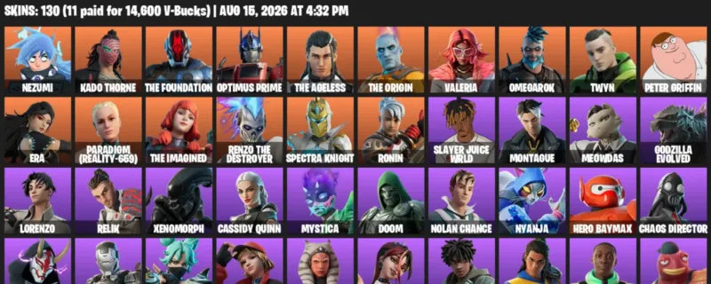 Fortnite account inventory for LVL 1793 - Nezumi - Kado Thorne - 130 Outfits
