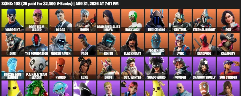 Fortnite account inventory for LVL 1000 - Warpaint - Rose Team Leader - 108 Outfits