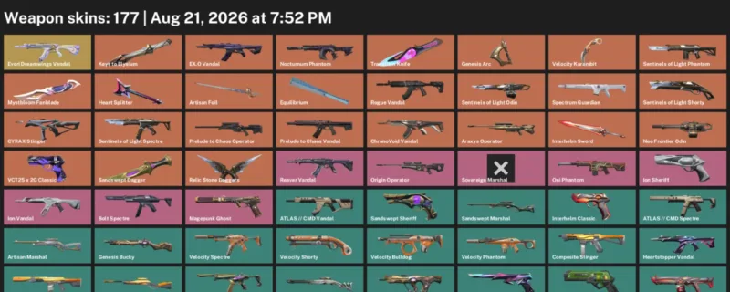 Valorant account inventory for LVL 222 · Transition Knife & Velocity Karambit