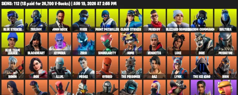 Fortnite account inventory for LVL 1414 - Blue Striker - Trilogy - 112 Outfits
