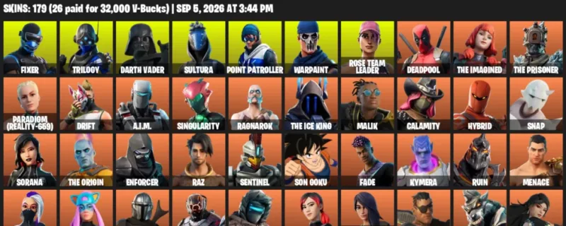 Fortnite account inventory for LVL 1930 - Fixer - Trilogy - 179 Outfits