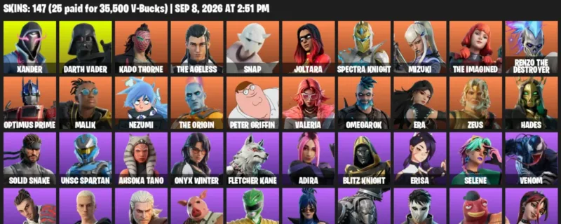 Fortnite account inventory for LVL 2117 - Xander - Darth Vader - 147 Outfits