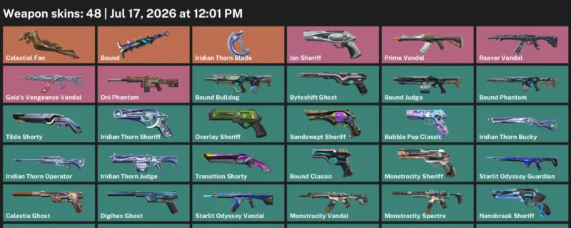 Valorant Accounts listing: LVL 356 · Celestial Fan & Iridian Thorn Blade · 48 Skins - Platinum 1, 48 skins